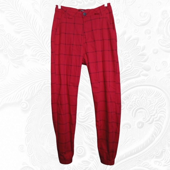 American Bazi Red & Black Plaid Pants Straps & Metal Hardware Jogger Hems Size M - Picture 1 of 3